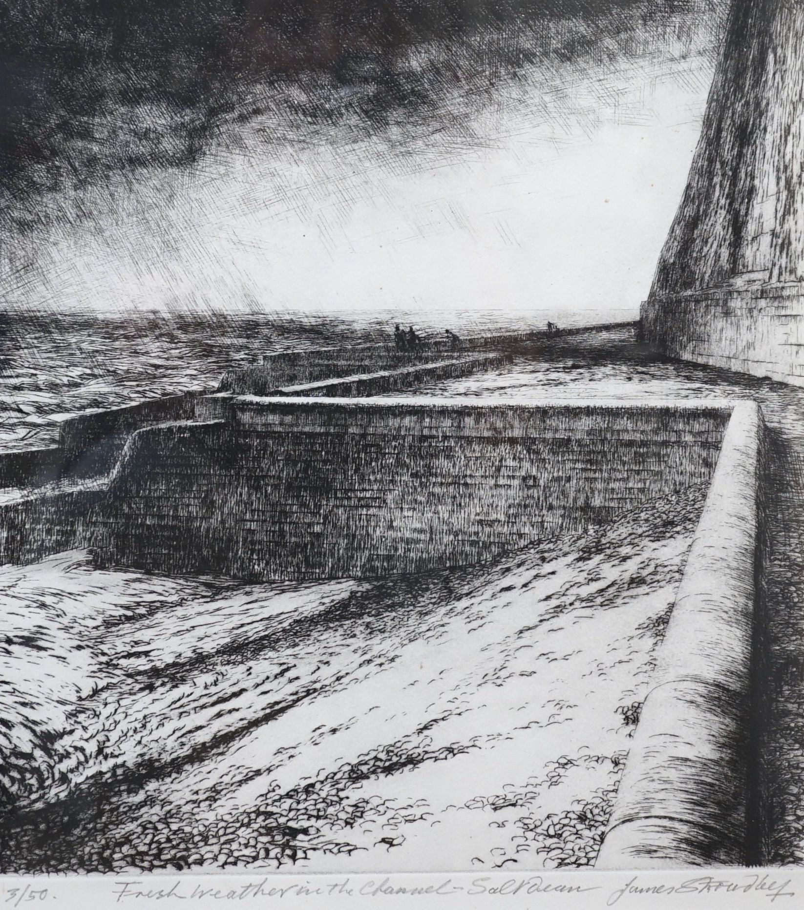 James Stroudley, three etchings, fresh weather in the channel, sort Dean, seawall Rottingdean, low tide Rottingdean, signed, largest image 33.5 cm X 31 cm